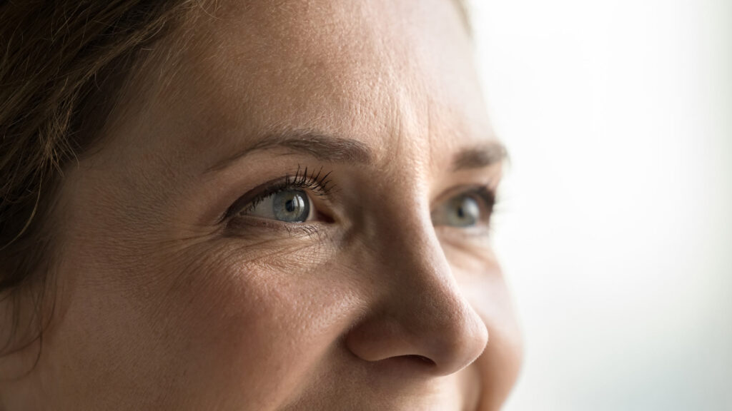 Woman's eyes and eyebrows, close up, considering BROW LIFT with Dr. Mark Deuber, Dallas TX